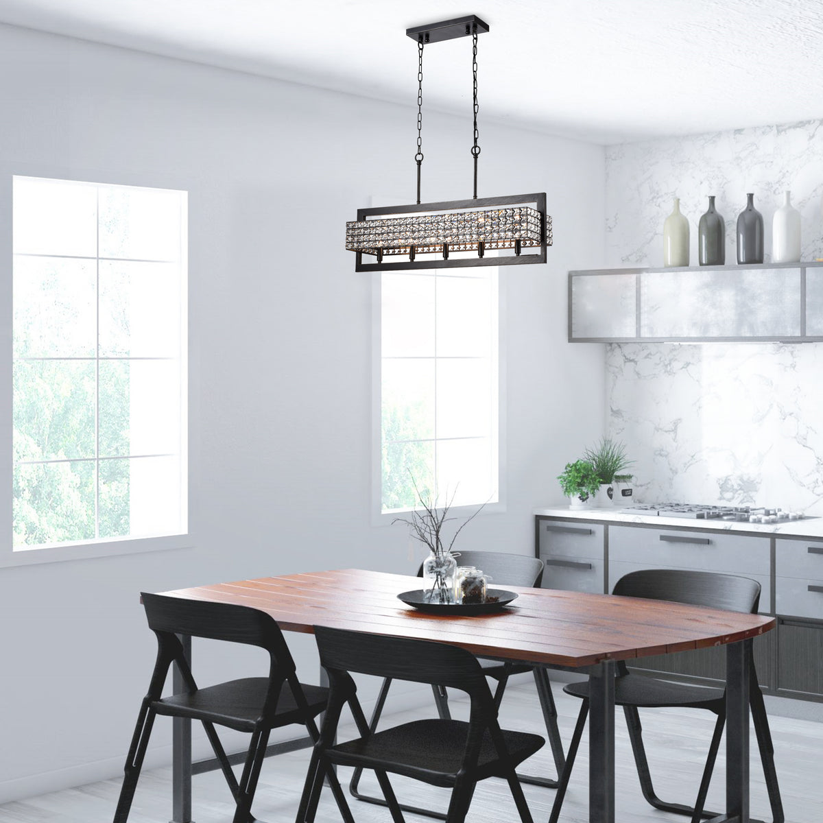 Amathea Rectangular Beaded 5-Light Chandelier for Dining/Living Room, Kitchen Island - Coffee Brushed Black