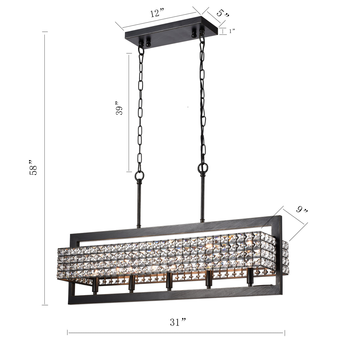 Amathea Rectangular Beaded 5-Light Chandelier for Dining/Living Room, Kitchen Island - Coffee Brushed Black