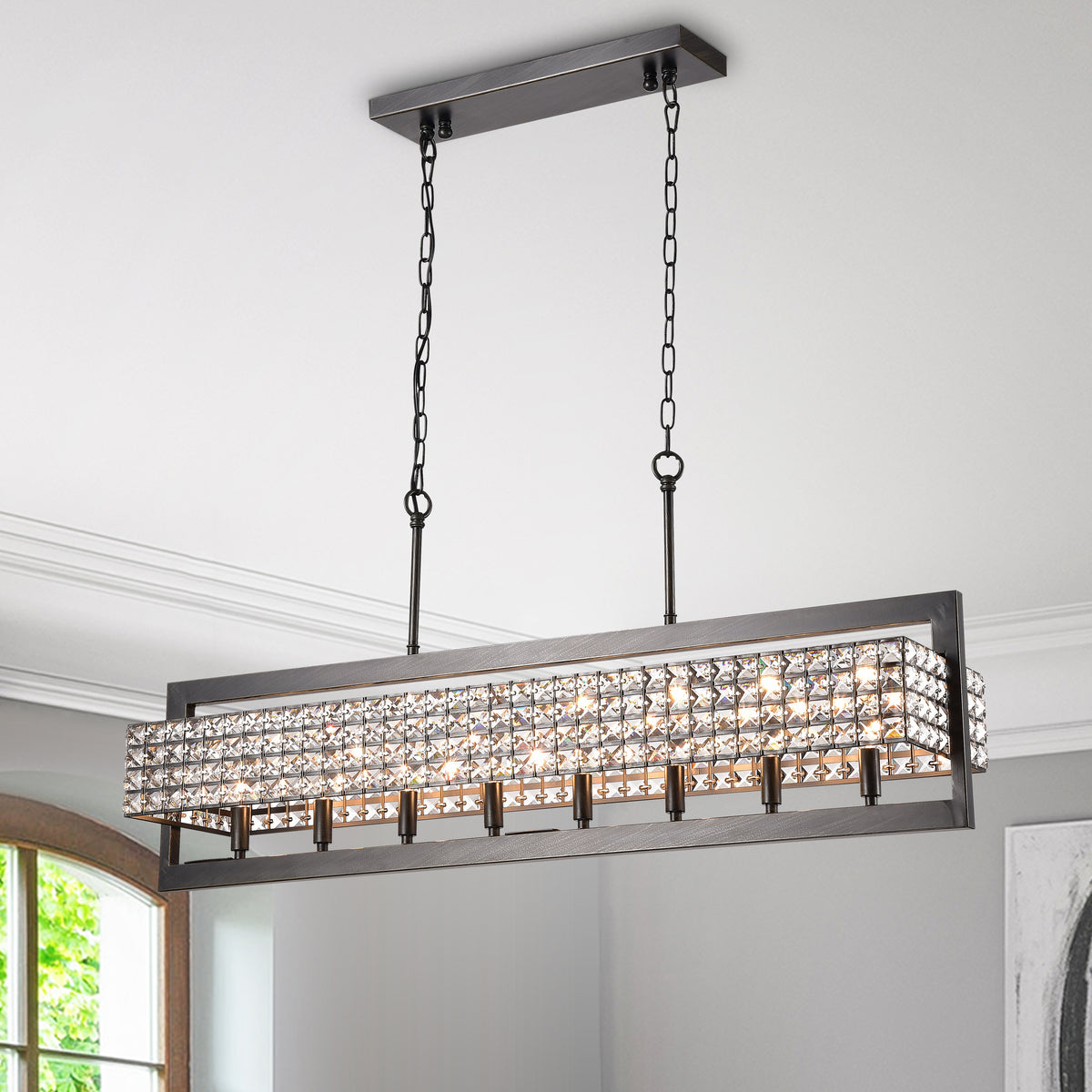 Archidona Rectangular Beaded 8-Light Chandelier for Dining/Living Room, Kitchen Island - Coffee Brushed Black