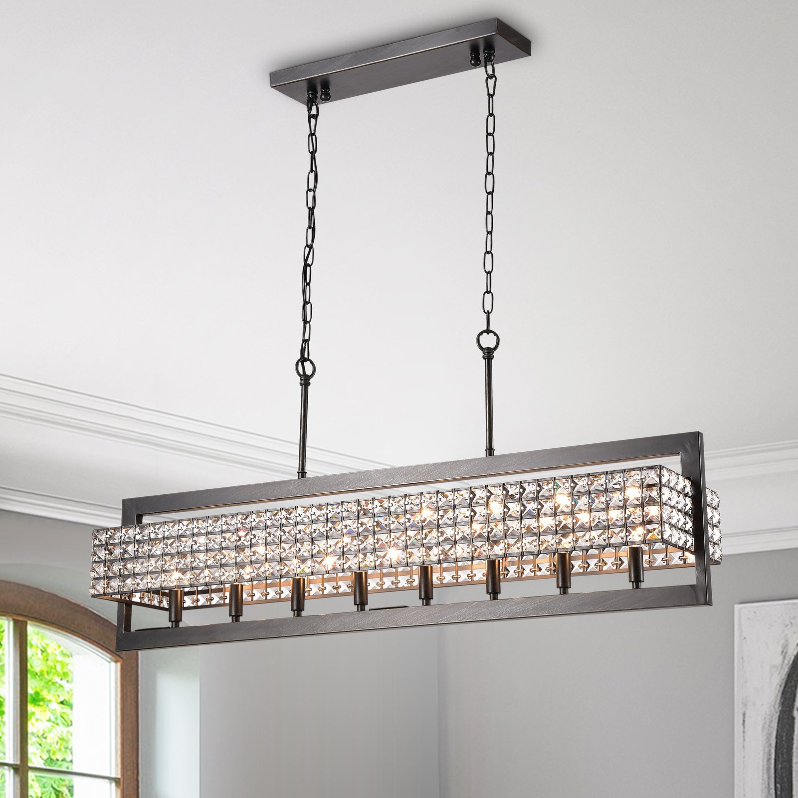 Archidona Rectangular Beaded 8-Light Chandelier for Dining/Living Room, Kitchen Island - Coffee Brushed Black
