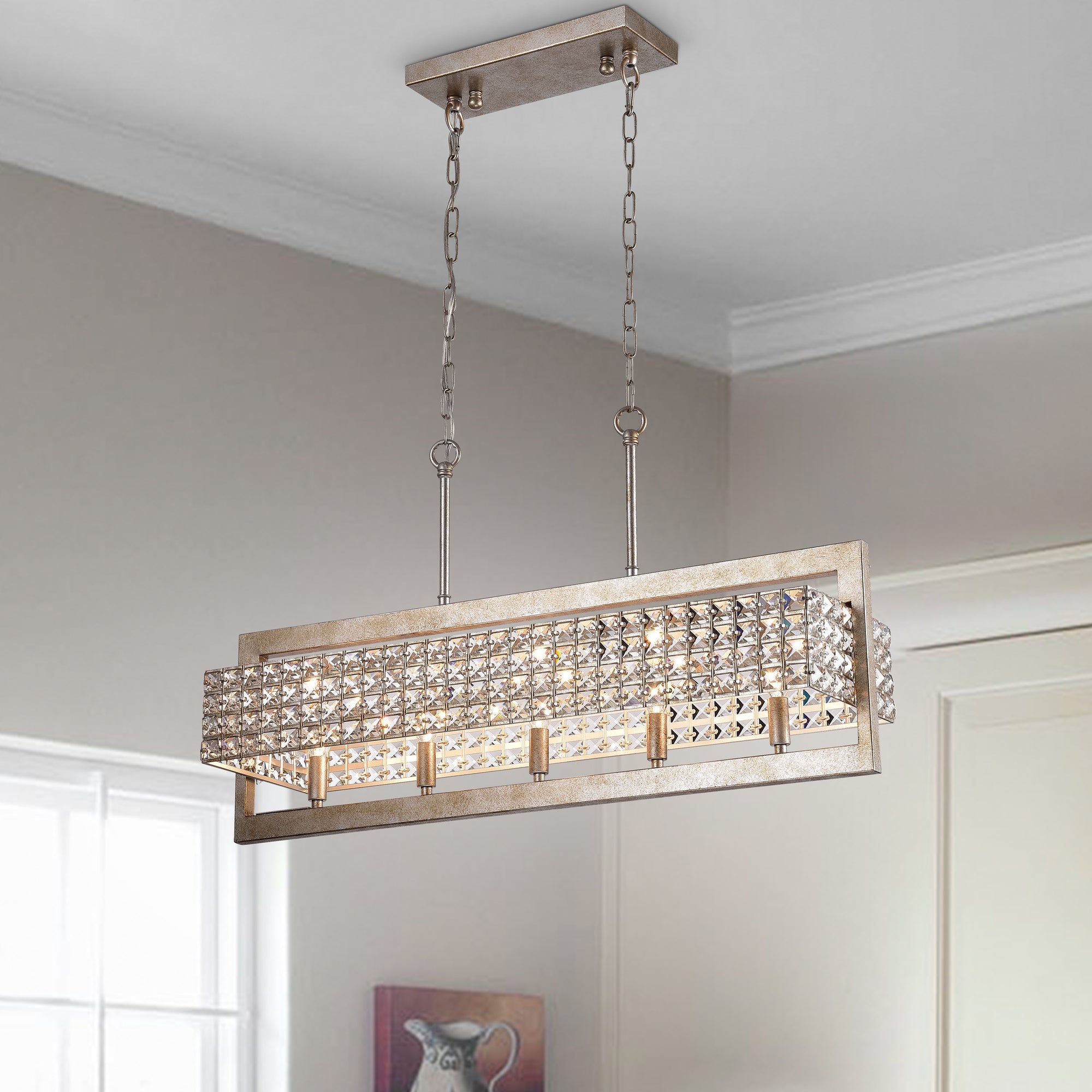 Amathea Rectangular Beaded 5-Light Chandelier for Dining/Living Room, Kitchen Island - Antique Silver