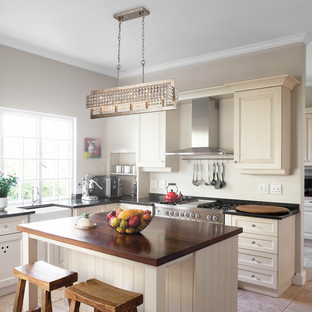 Amathea Rectangular Beaded 5-Light Chandelier for Dining/Living Room, Kitchen Island - Antique Silver