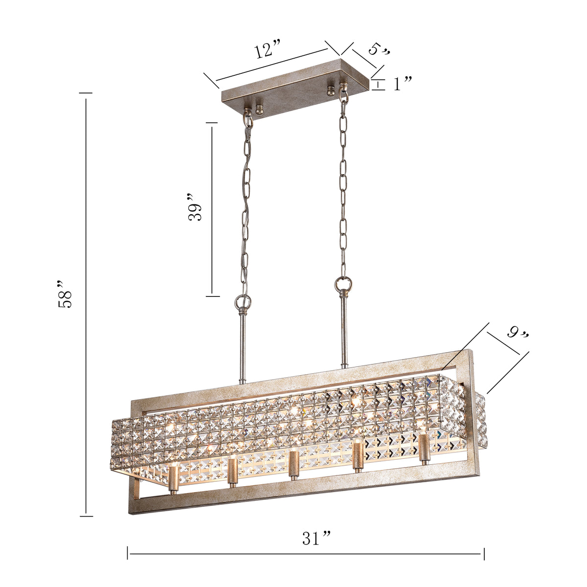 Amathea Rectangular Beaded 5-Light Chandelier for Dining/Living Room, Kitchen Island - Antique Silver
