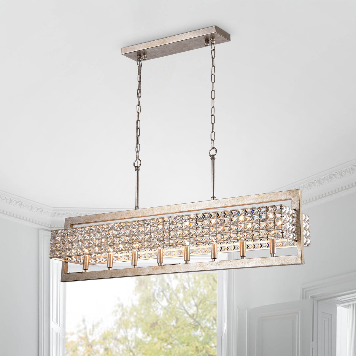 Archidona Rectangular Beaded 8-Light Chandelier for Dining/Living Room, Kitchen Island - Antique Silver