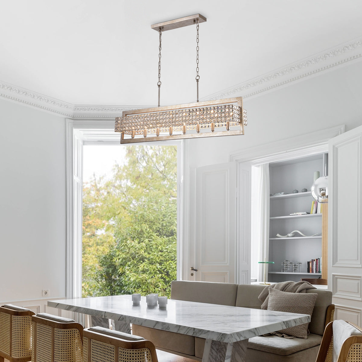 Archidona Rectangular Beaded 8-Light Chandelier for Dining/Living Room, Kitchen Island - Antique Silver