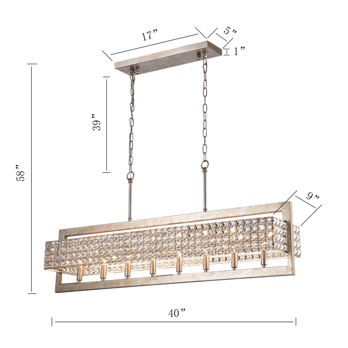 Archidona Rectangular Beaded 8-Light Chandelier for Dining/Living Room, Kitchen Island - Antique Silver