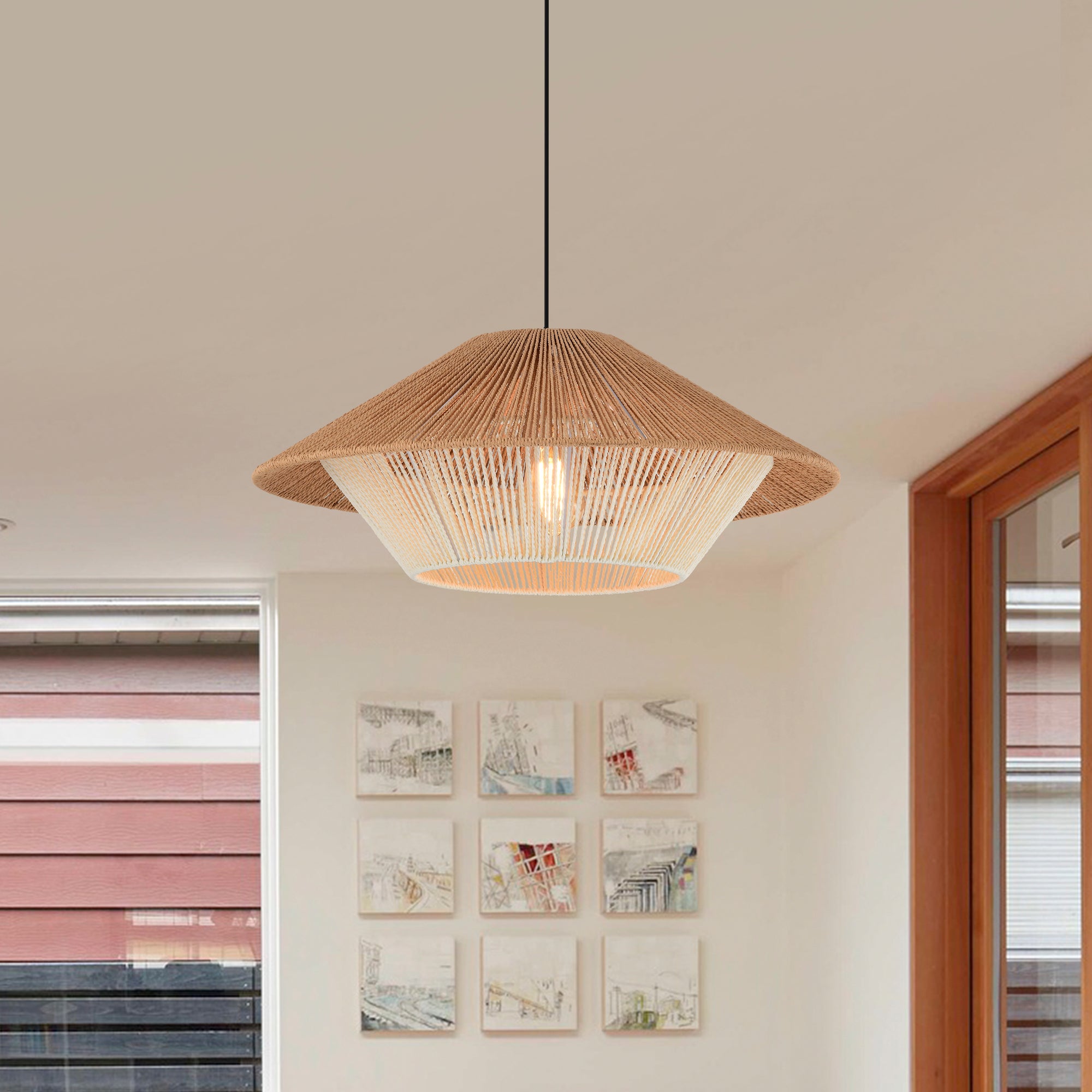 Arcuatus 1-Light Paper Rattan Pendant for Living/Dining Room, Kitchen, Bedroom