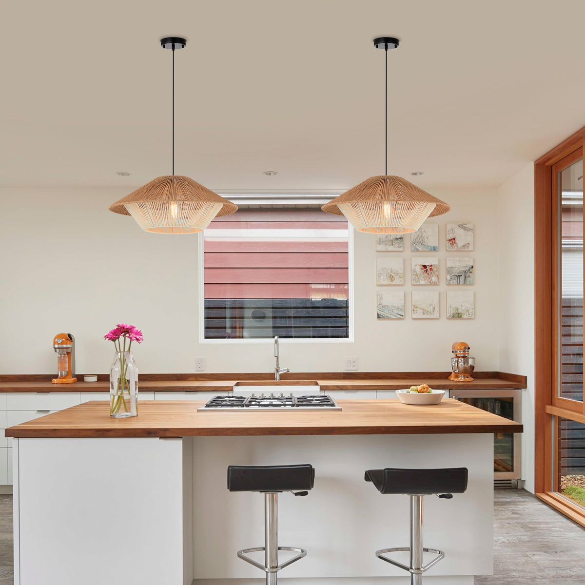 Arcuatus 1-Light Paper Rattan Pendant for Living/Dining Room, Kitchen, Bedroom