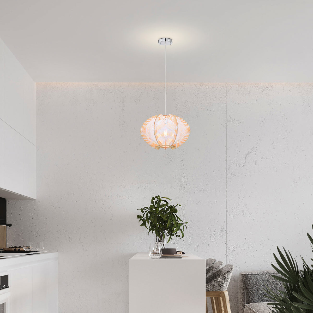 Ardisia 1-Light Wood &amp; Paper Rattan Pendant for Living/Dining Room, Bedroom