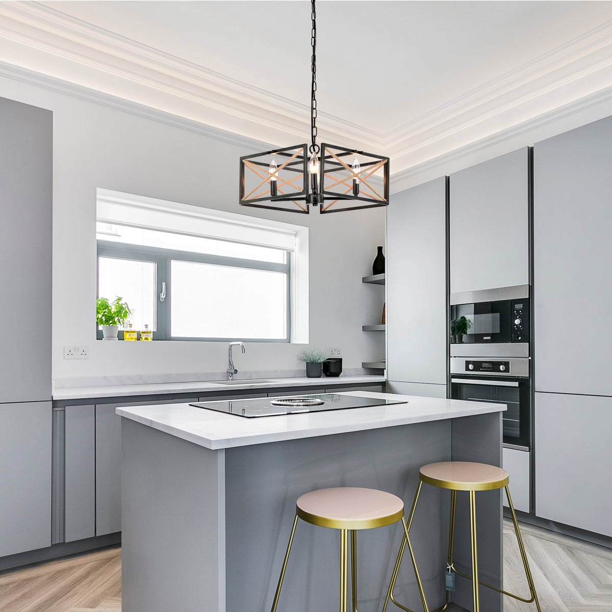 Akela 4-Light Geometric Lantern Style Chandelier for Dining/Living Room, Bedroom