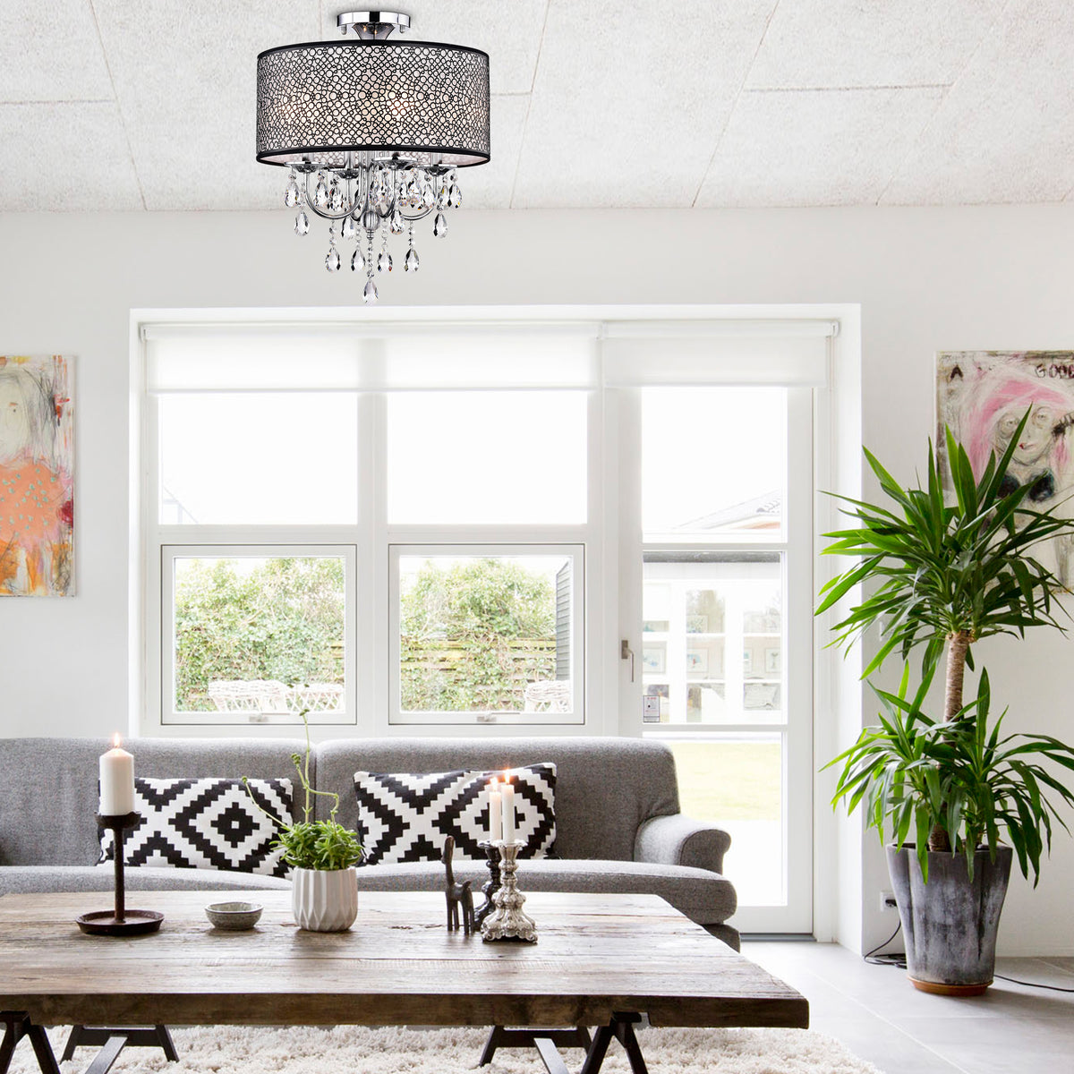 Balaniki 4-Light Semi-Flush Mount Drum with Chandelier Elements