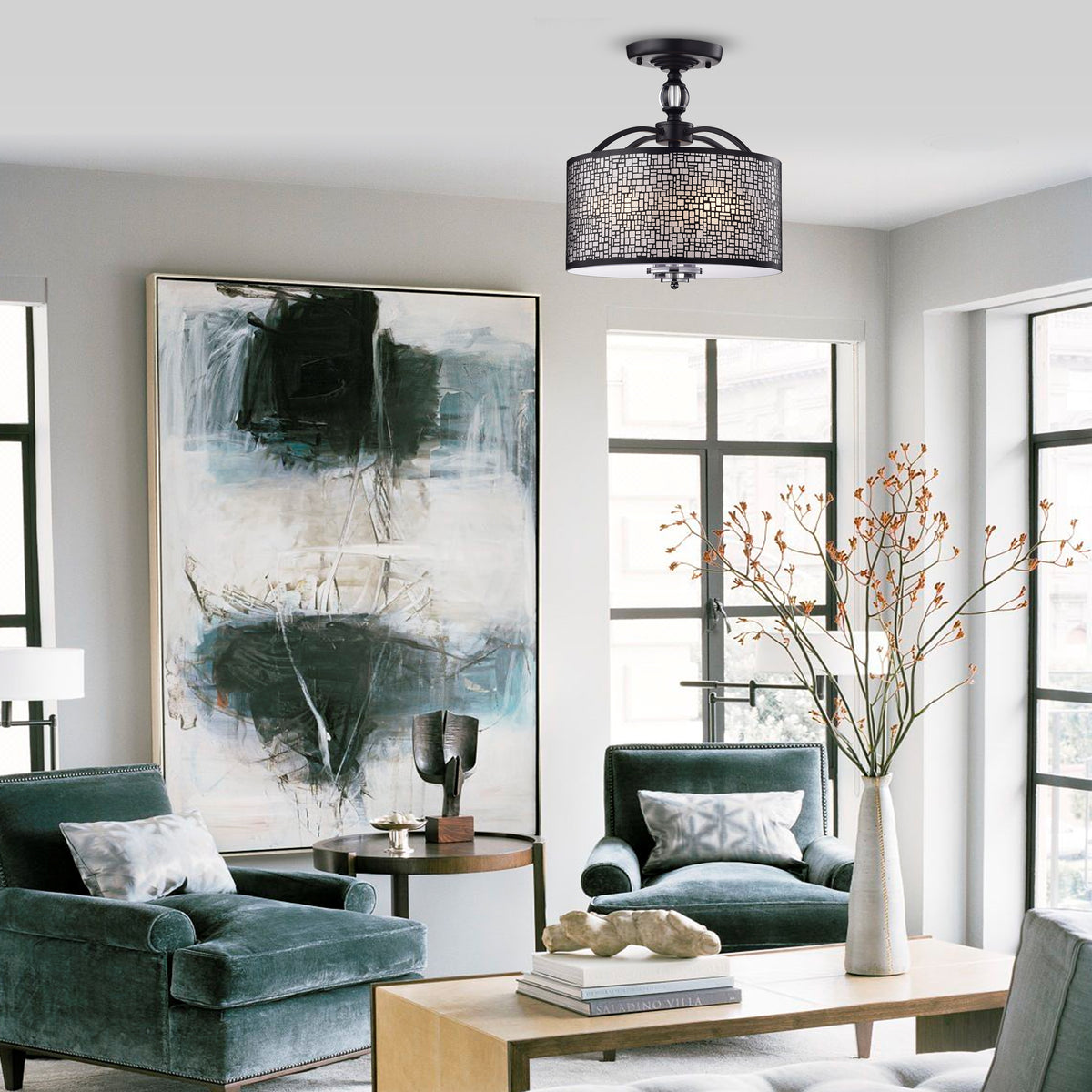 Bayu 3-Light Shaded Drum Semi-Flush Mount