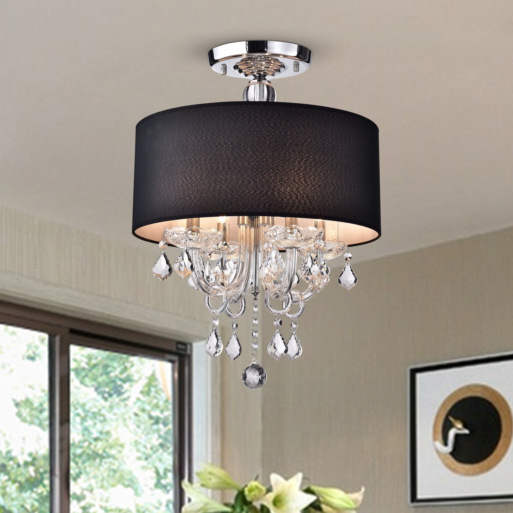 Letia 4-Light Semi-Flush Mount Drum with Chandelier Elements - Black