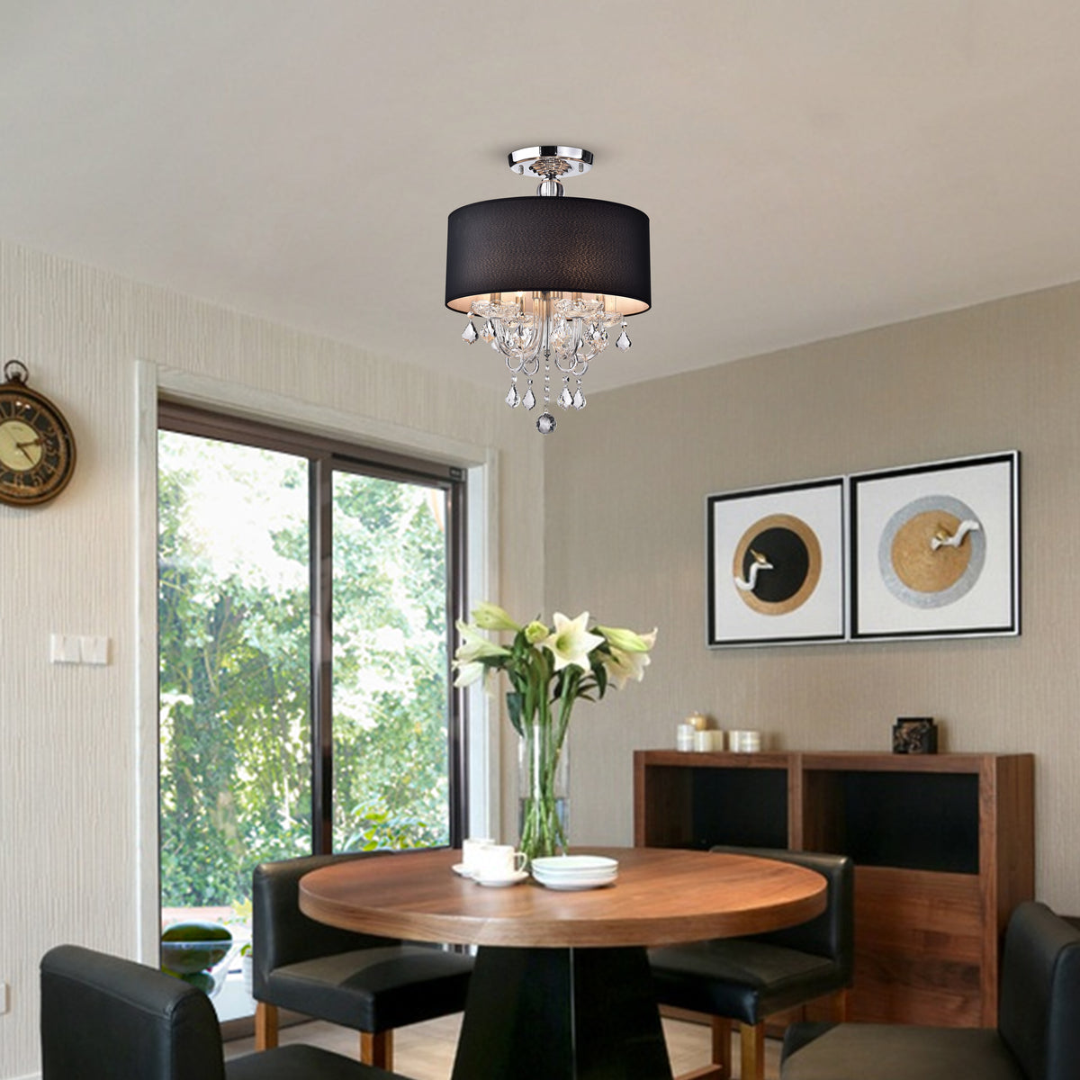 Letia 4-Light Semi-Flush Mount Drum with Chandelier Elements - Black