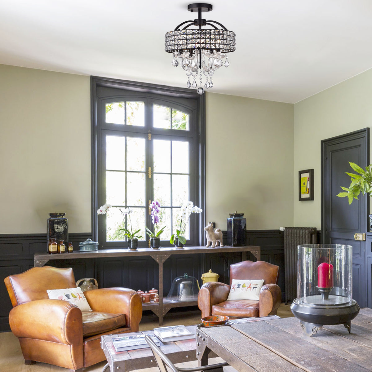 Berberis 4-Light Semi-Flush Mount Drum Chandelier - Black