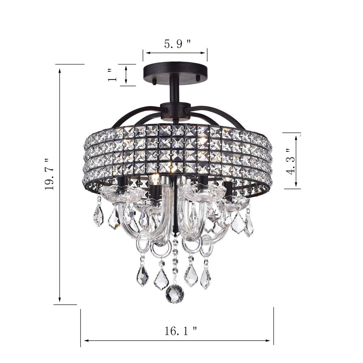 Berberis 4-Light Semi-Flush Mount Drum Chandelier - Black