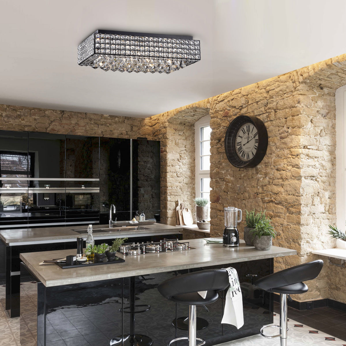 Bente 8-Light Rectangular Crystal Flush Mount - Black