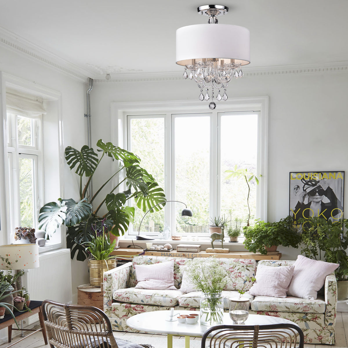 Letia 4-Light Semi-Flush Mount Drum with Chandelier Elements - White