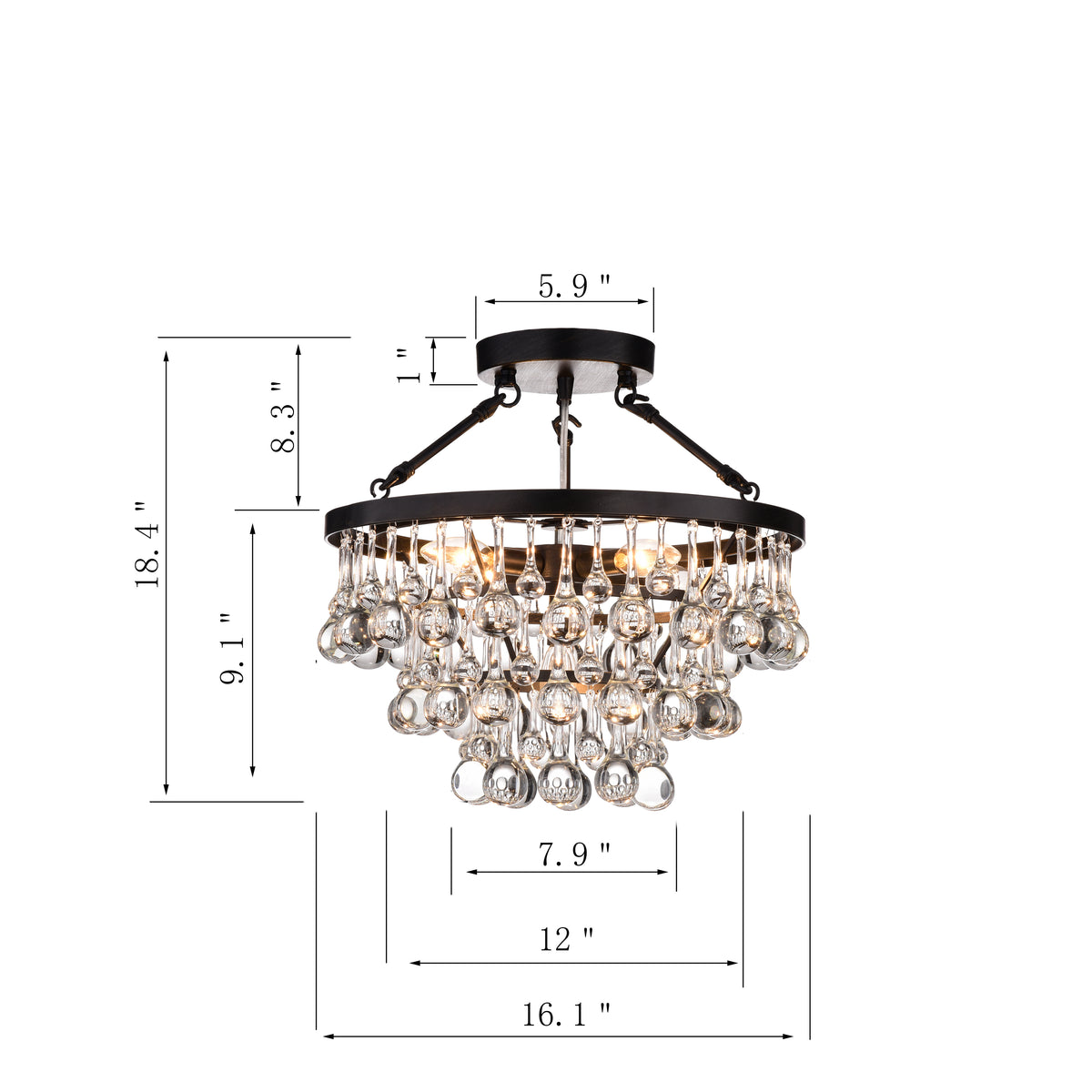 Falco 5-Light Tiered Crystal Semi-Flush Mount - Black