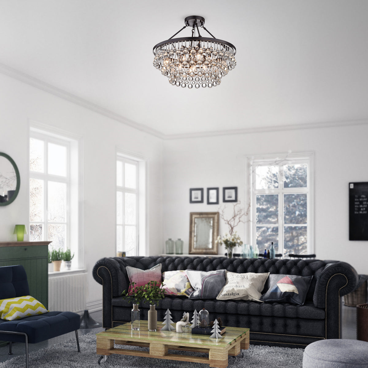 Galium 9-Light Tiered Crystal Semi-Flush Mount - Black