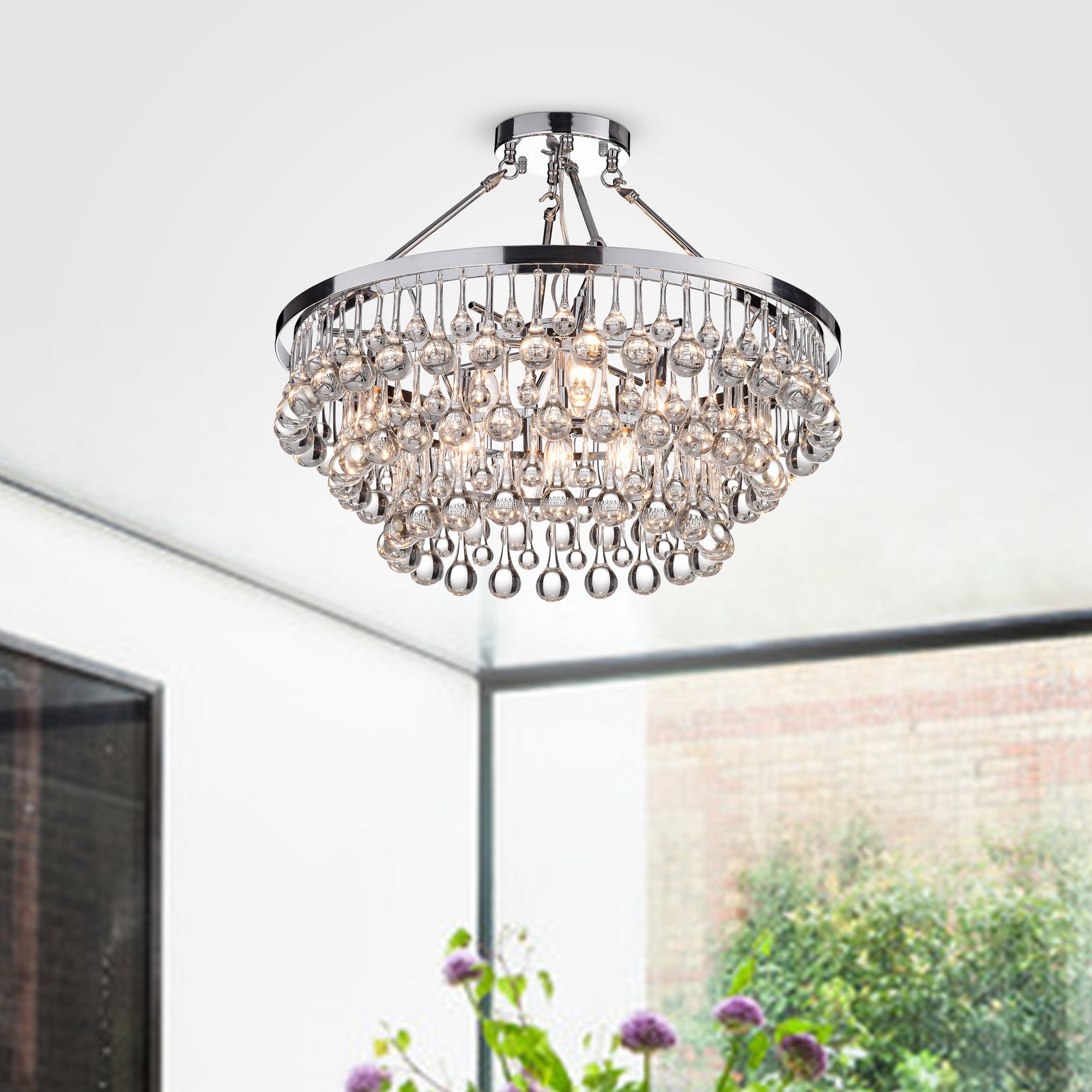 Galium 9-Light Tiered Crystal Semi-Flush Mount - Chrome