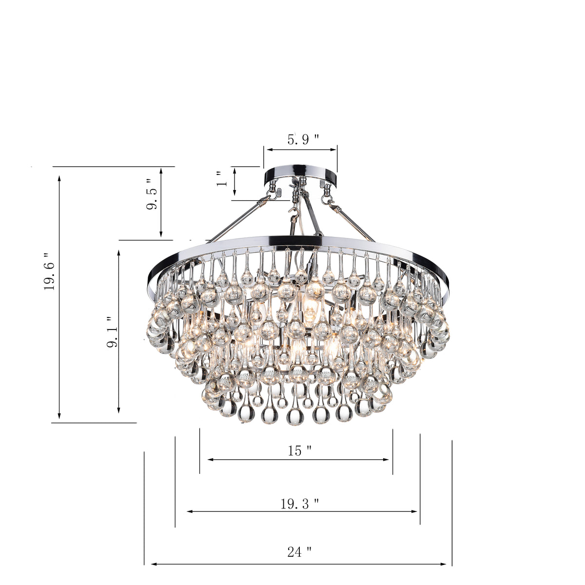 Galium 9-Light Tiered Crystal Semi-Flush Mount - Chrome