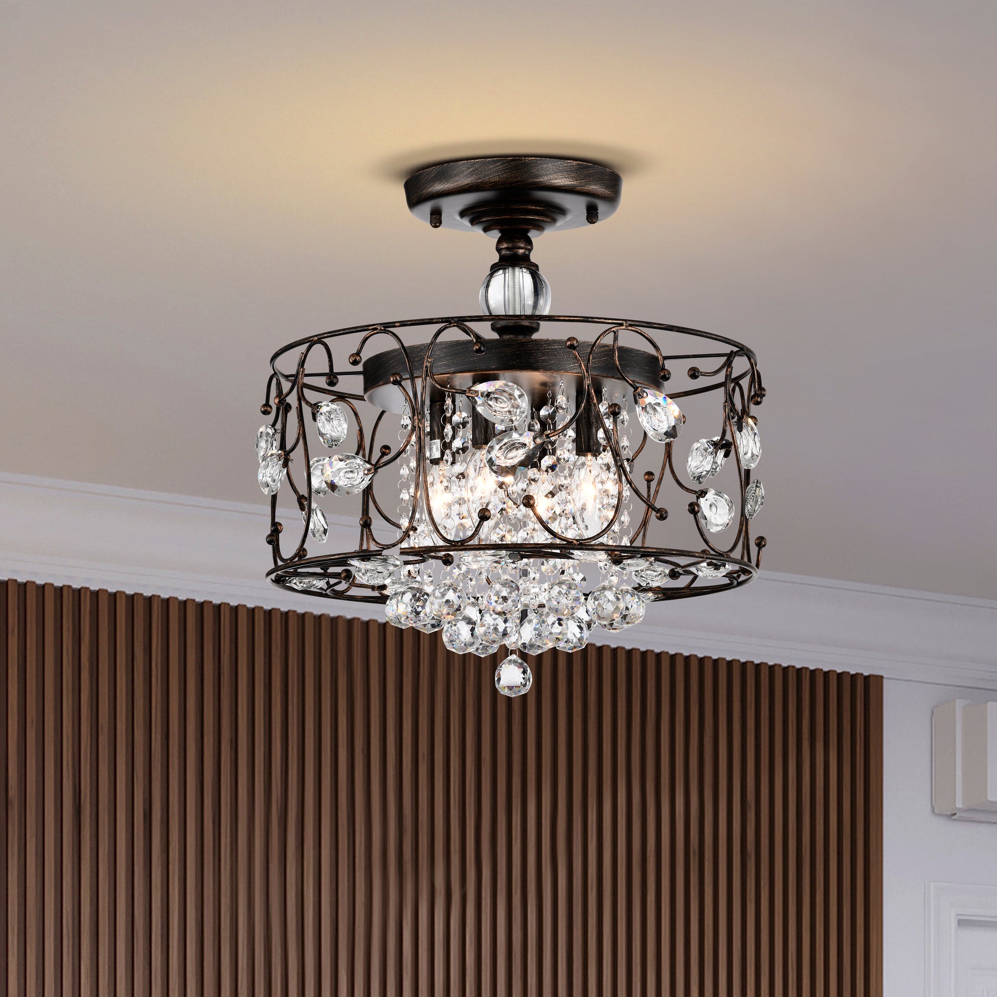 Eurema 4-Light Statement Drum Semi-Flush Mount w/ Crystal Elements - Black Brushed Bronze