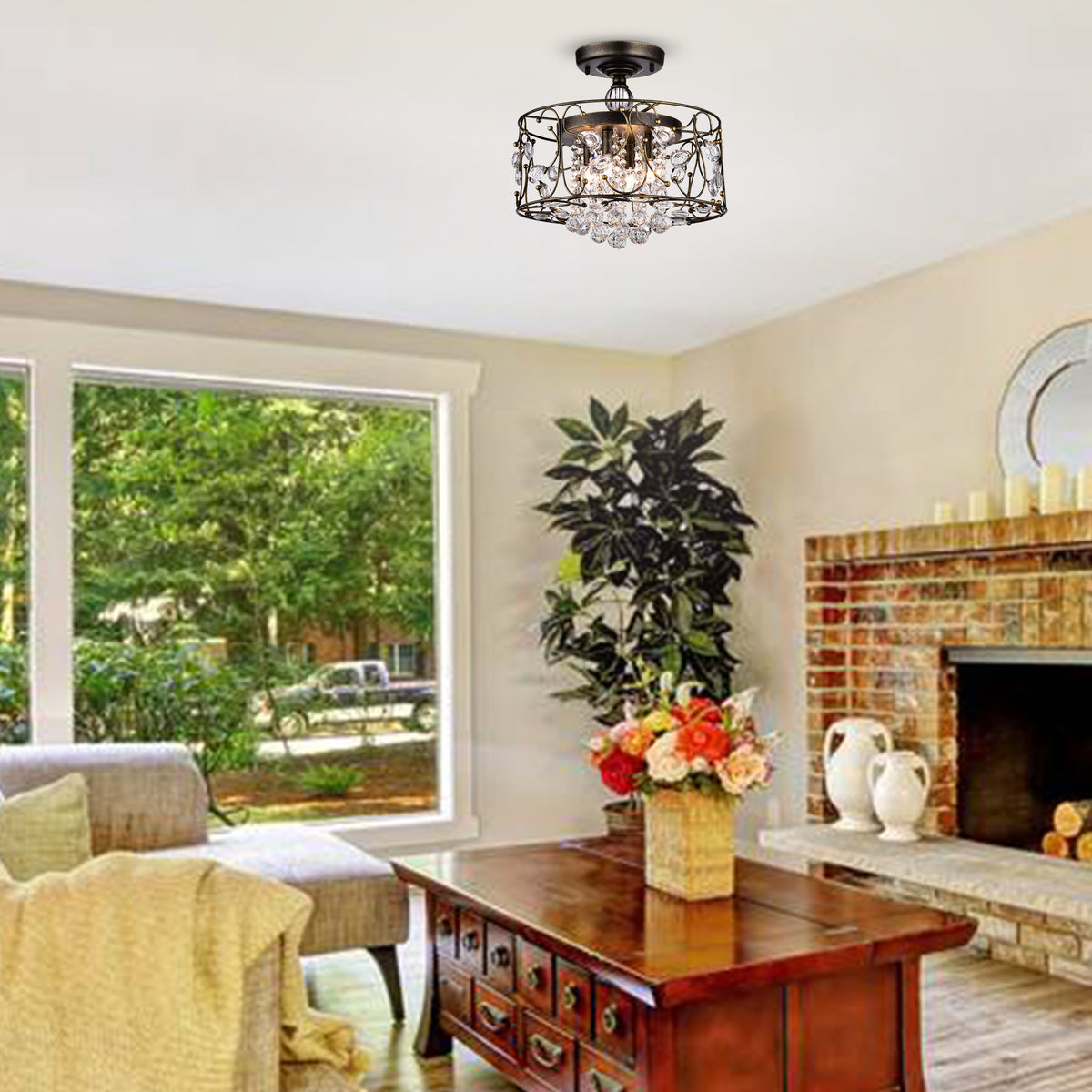 Eurema 4-Light Statement Drum Semi-Flush Mount w/ Crystal Elements - Black Brushed Gold