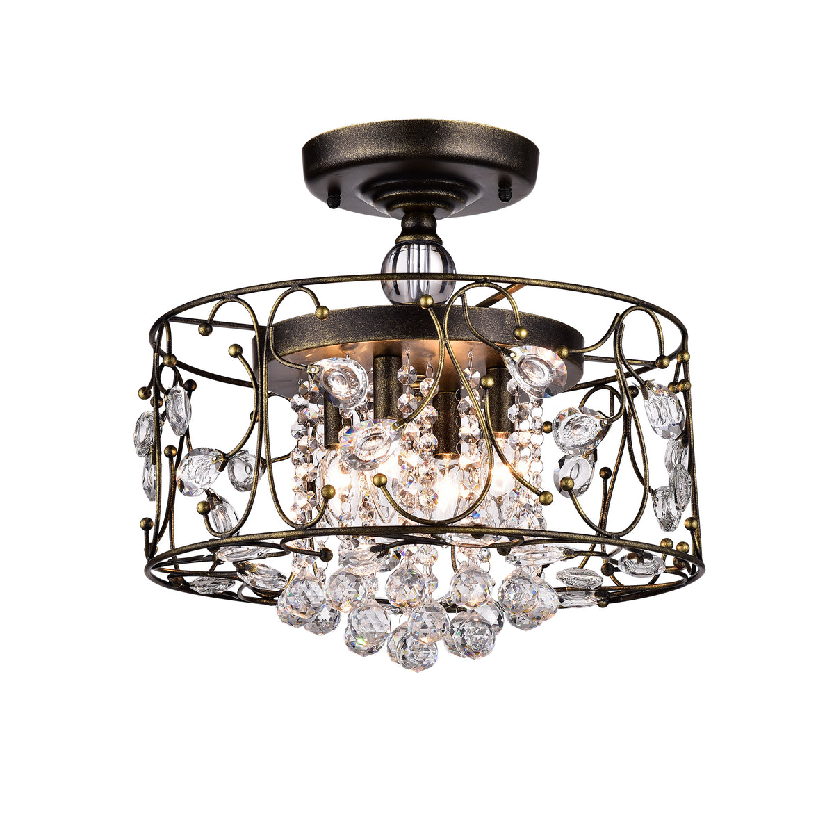 Eurema 4-Light Statement Drum Semi-Flush Mount w/ Crystal Elements - Black Brushed Gold
