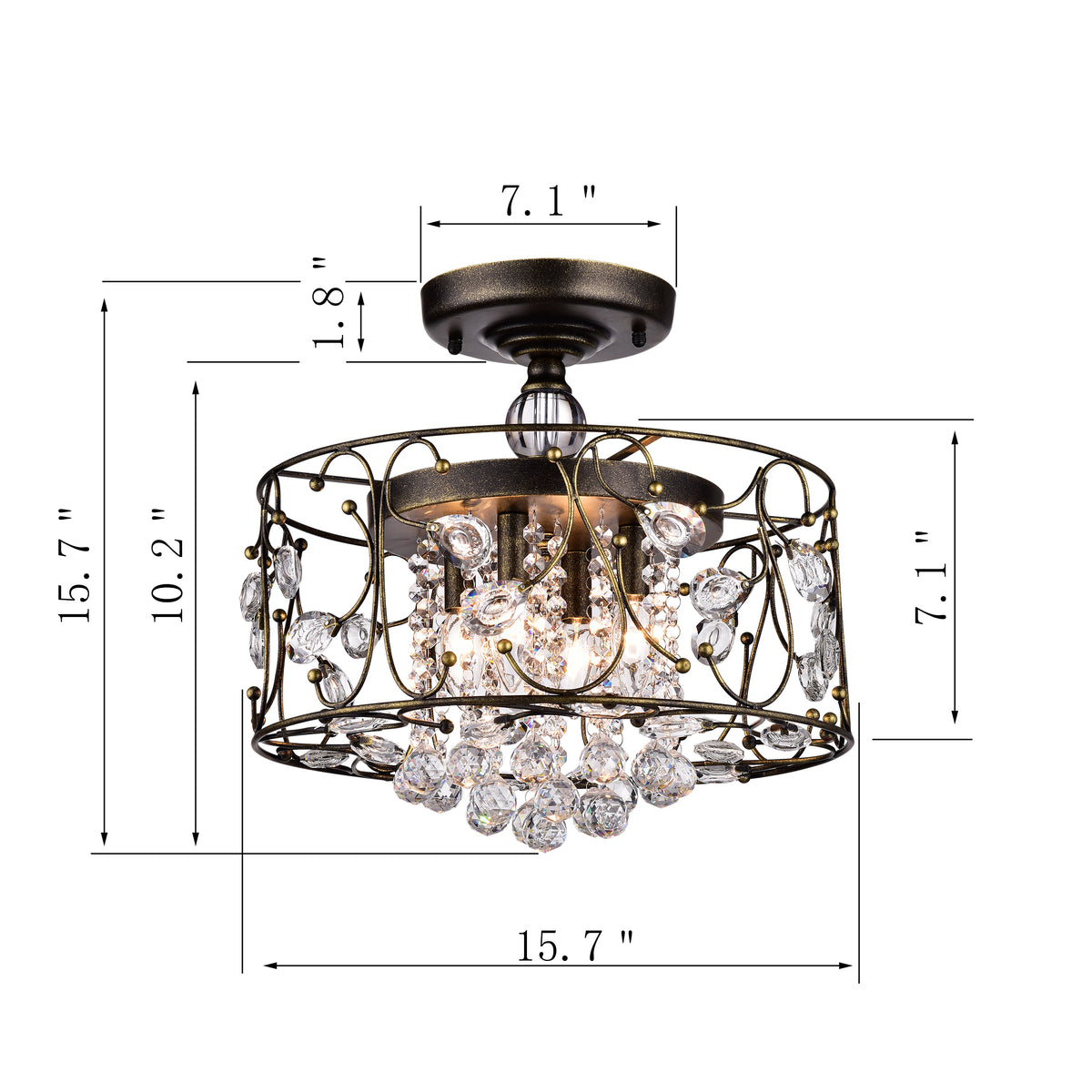 Eurema 4-Light Statement Drum Semi-Flush Mount w/ Crystal Elements - Black Brushed Gold